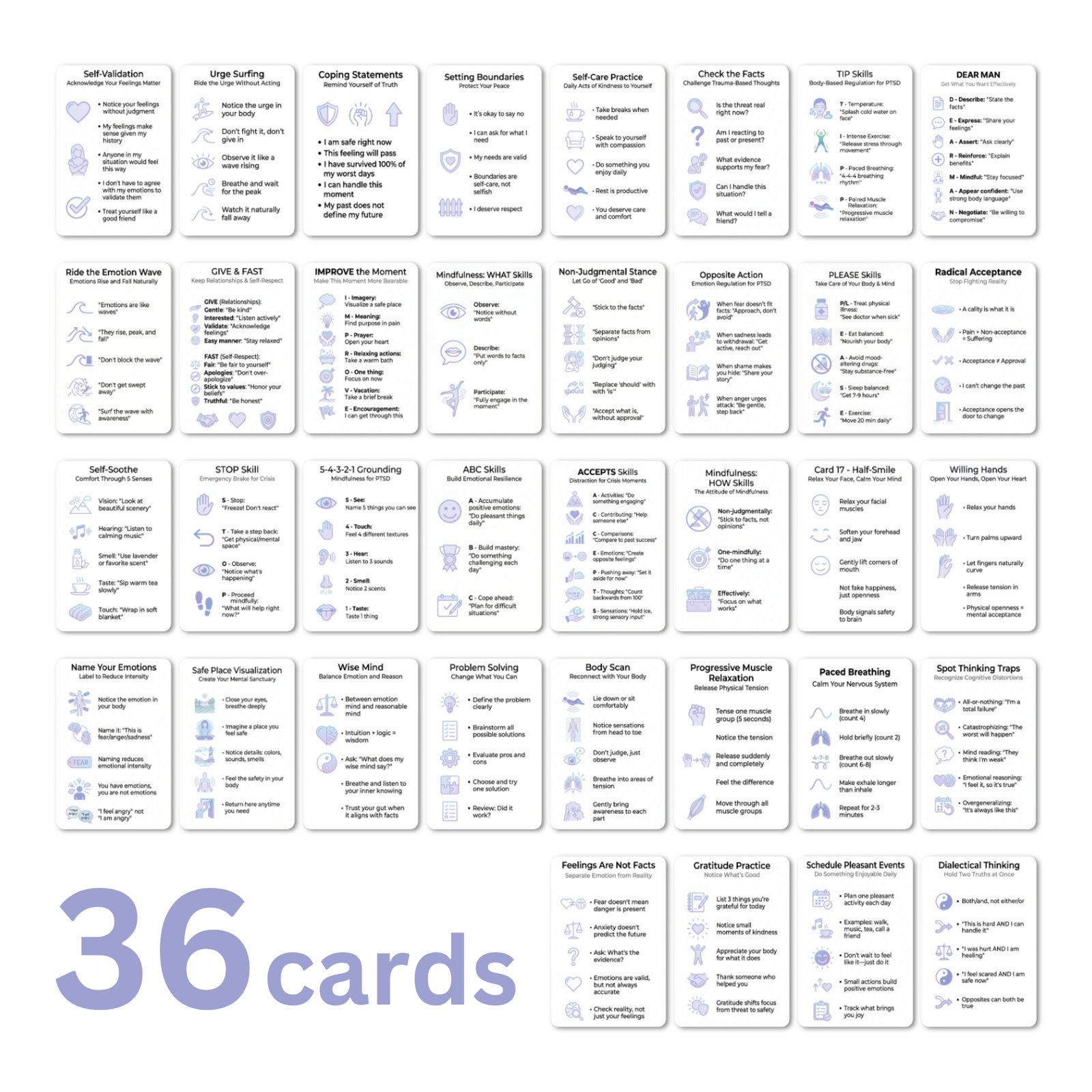36-card Emotion Reset Card Set with emotion regulation DBT skill prompts and social-emotional learning activities