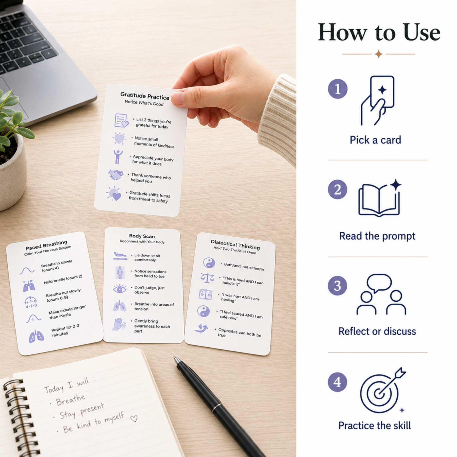 36-card Emotion Reset Card Set with emotion regulation DBT skill prompts and social-emotional learning activities