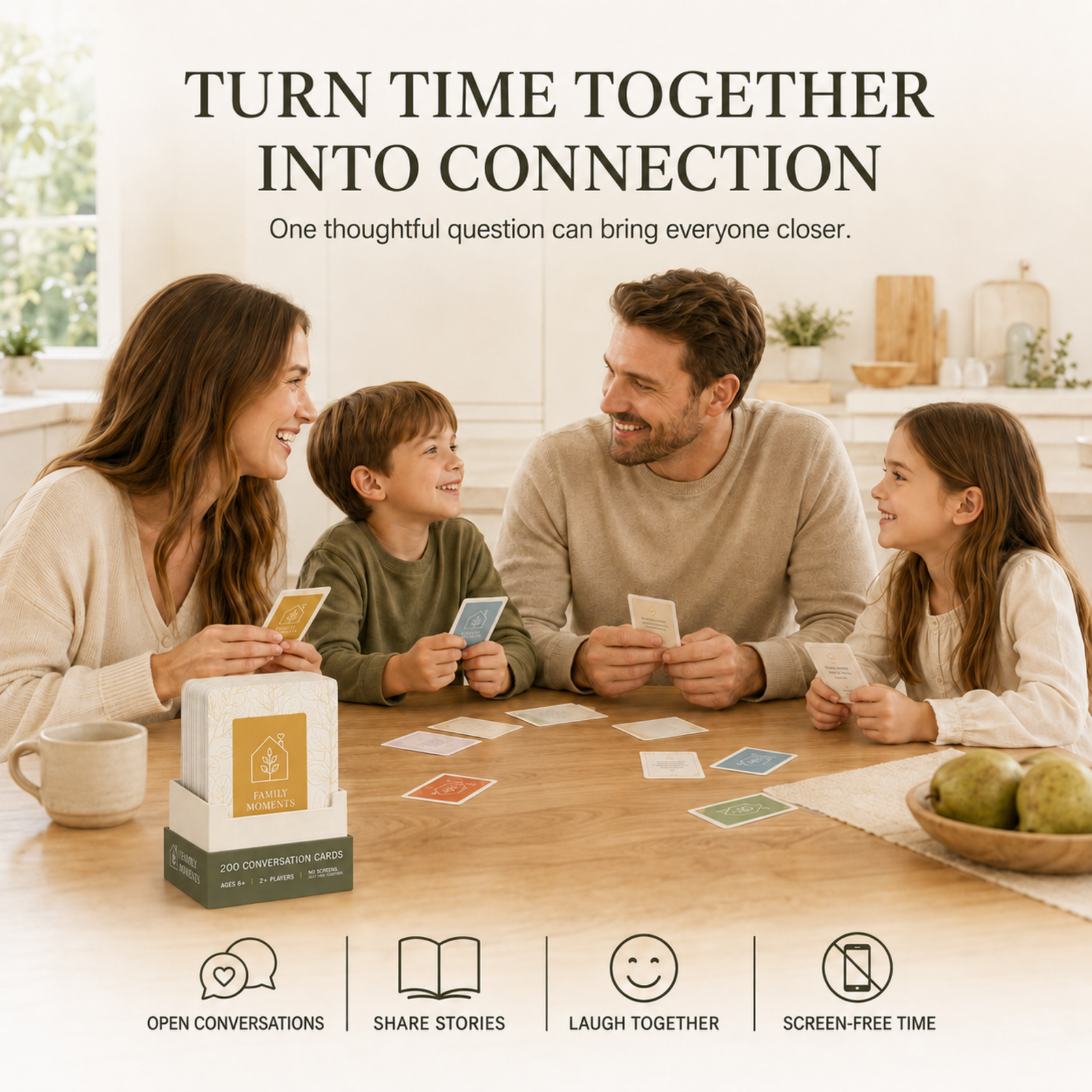 Family conversation cards with storytelling prompts for sharing memories across generations