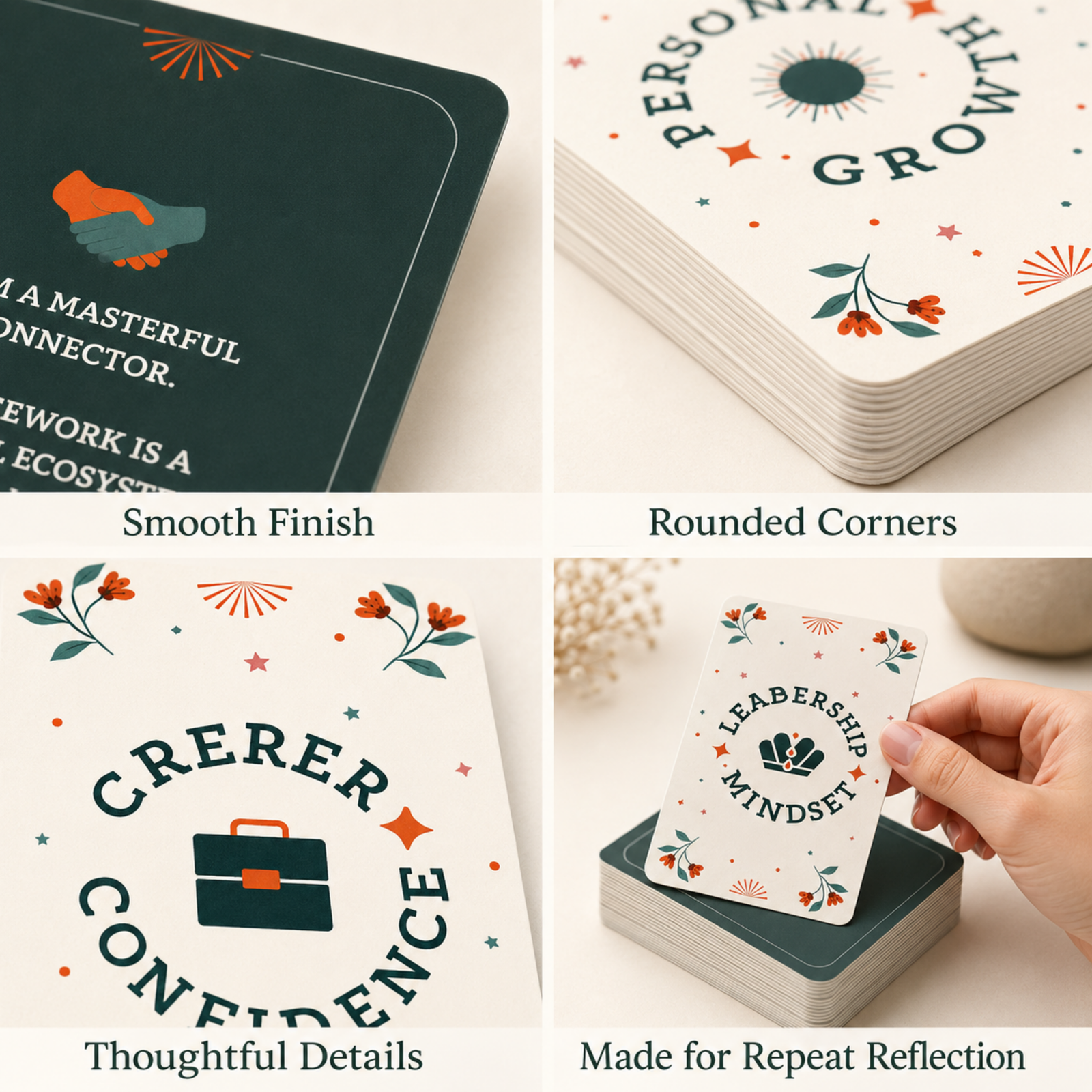 Close-up views of Evolve affirmation cards showing smooth finish, rounded corners, floral design, and compact card size.