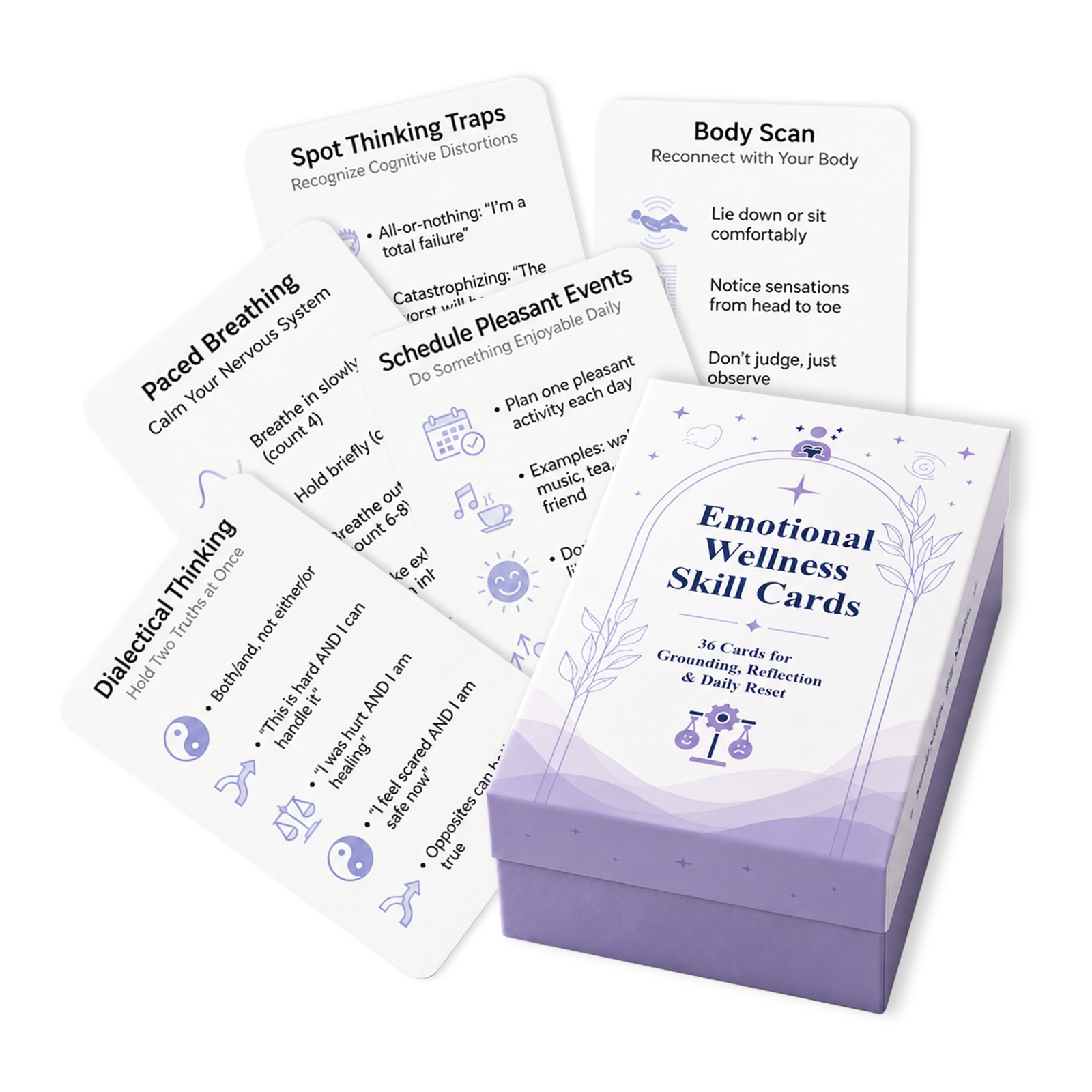36-card Emotion Reset Card Set with emotion regulation DBT skill prompts and social-emotional learning activities