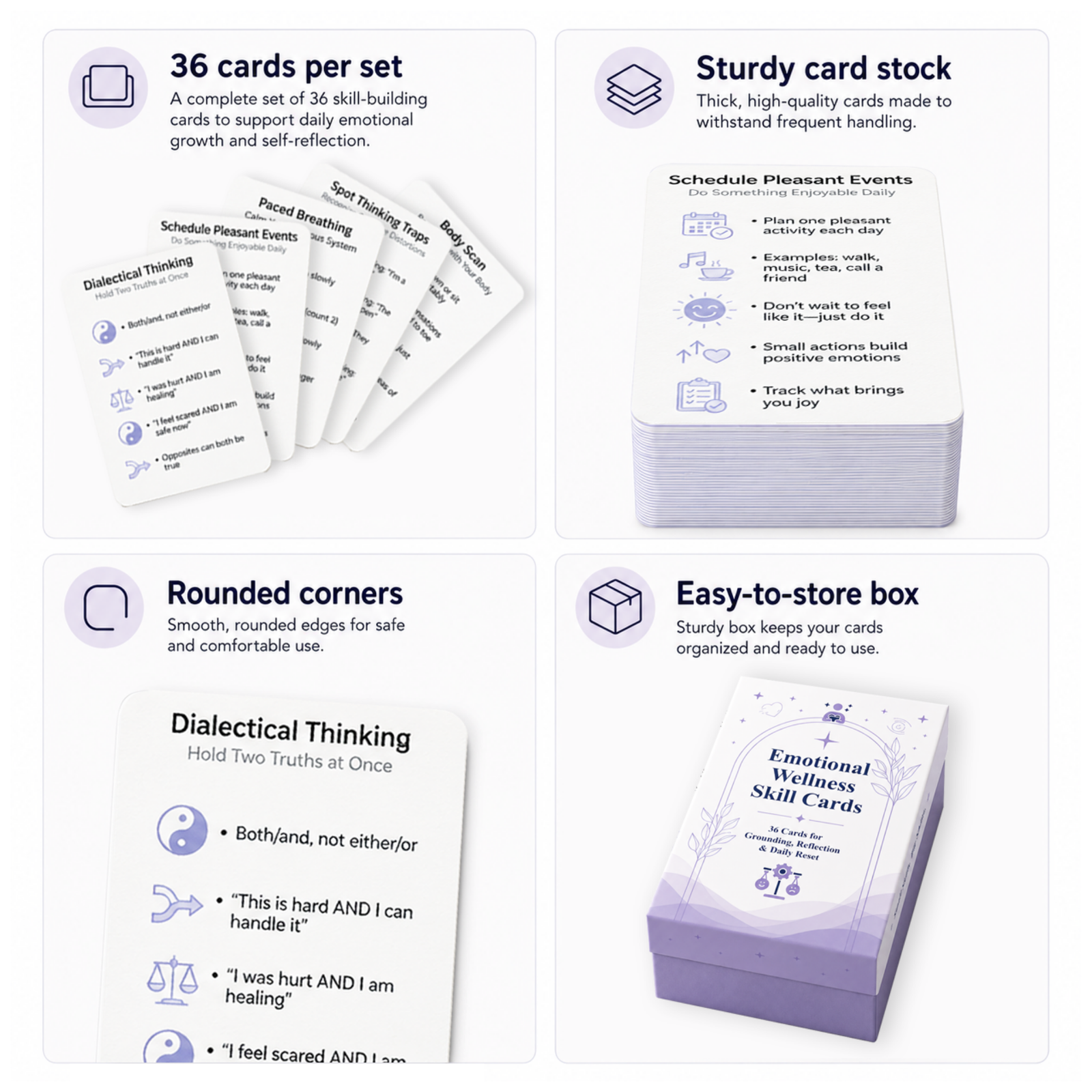 36-card Emotion Reset Card Set with emotion regulation DBT skill prompts and social-emotional learning activities