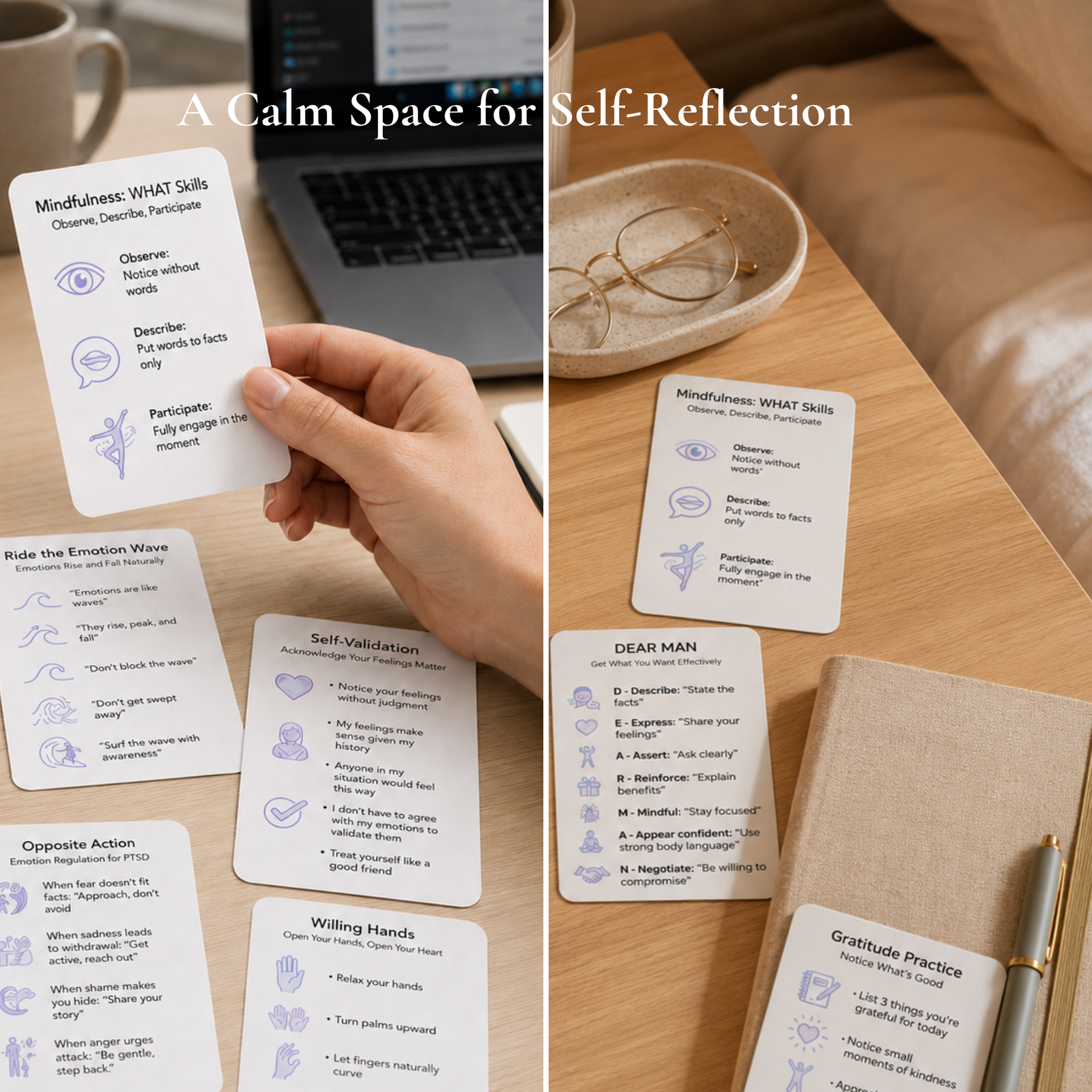 36-card Emotion Reset Card Set with emotion regulation DBT skill prompts and social-emotional learning activities