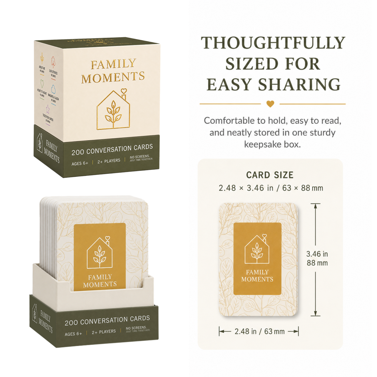 Family conversation cards with storytelling prompts for sharing memories across generations