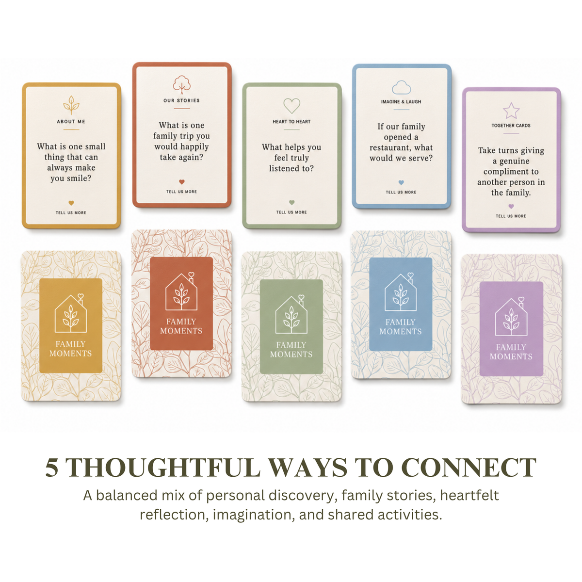 Family conversation cards with storytelling prompts for sharing memories across generations