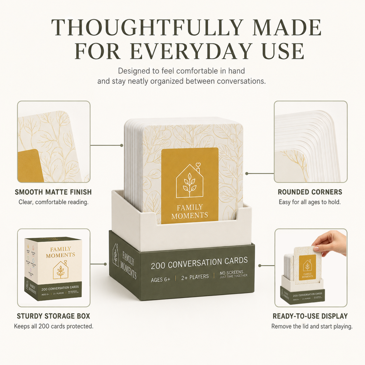 Family conversation cards with storytelling prompts for sharing memories across generations