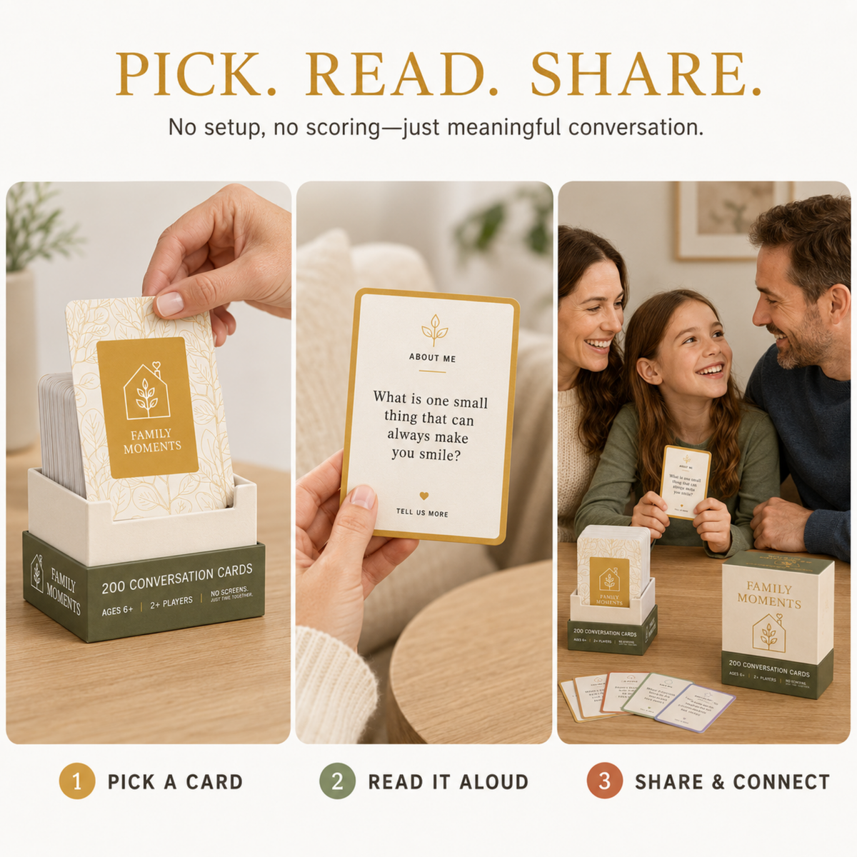 Family conversation cards with storytelling prompts for sharing memories across generations