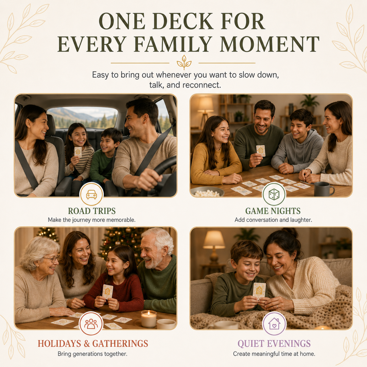 Family conversation cards with storytelling prompts for sharing memories across generations