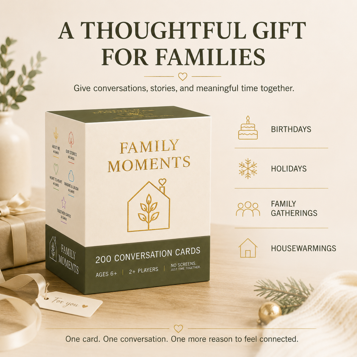 Family conversation cards with storytelling prompts for sharing memories across generations