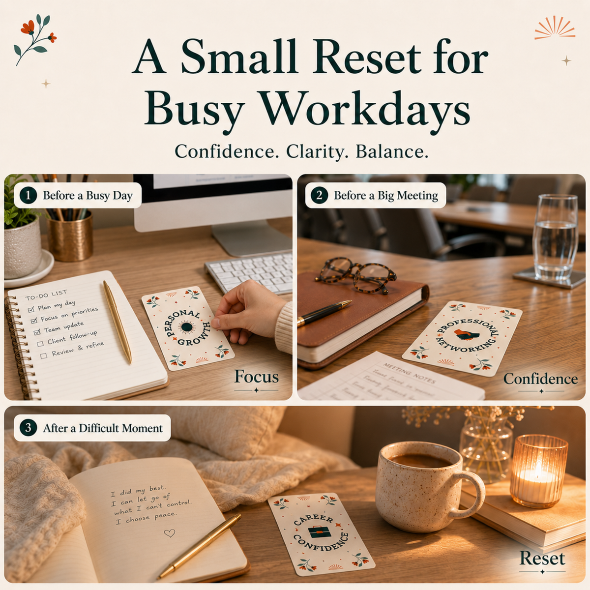 Evolve affirmation cards used during a busy workday, including planning, meetings, focus time, and evening reflection.