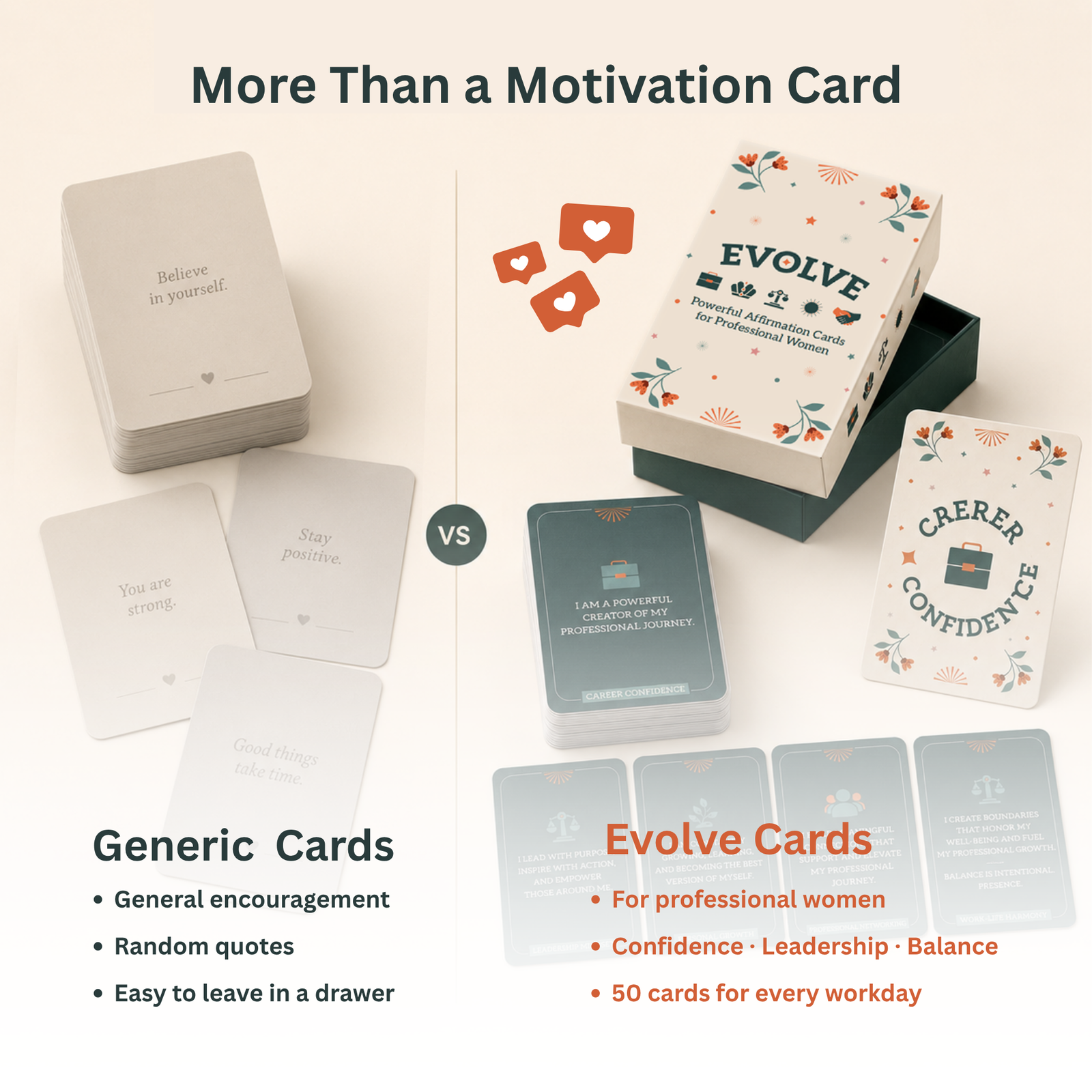 Comparison of generic affirmation cards and Evolve cards designed for professional women’s confidence, leadership, and balance.
