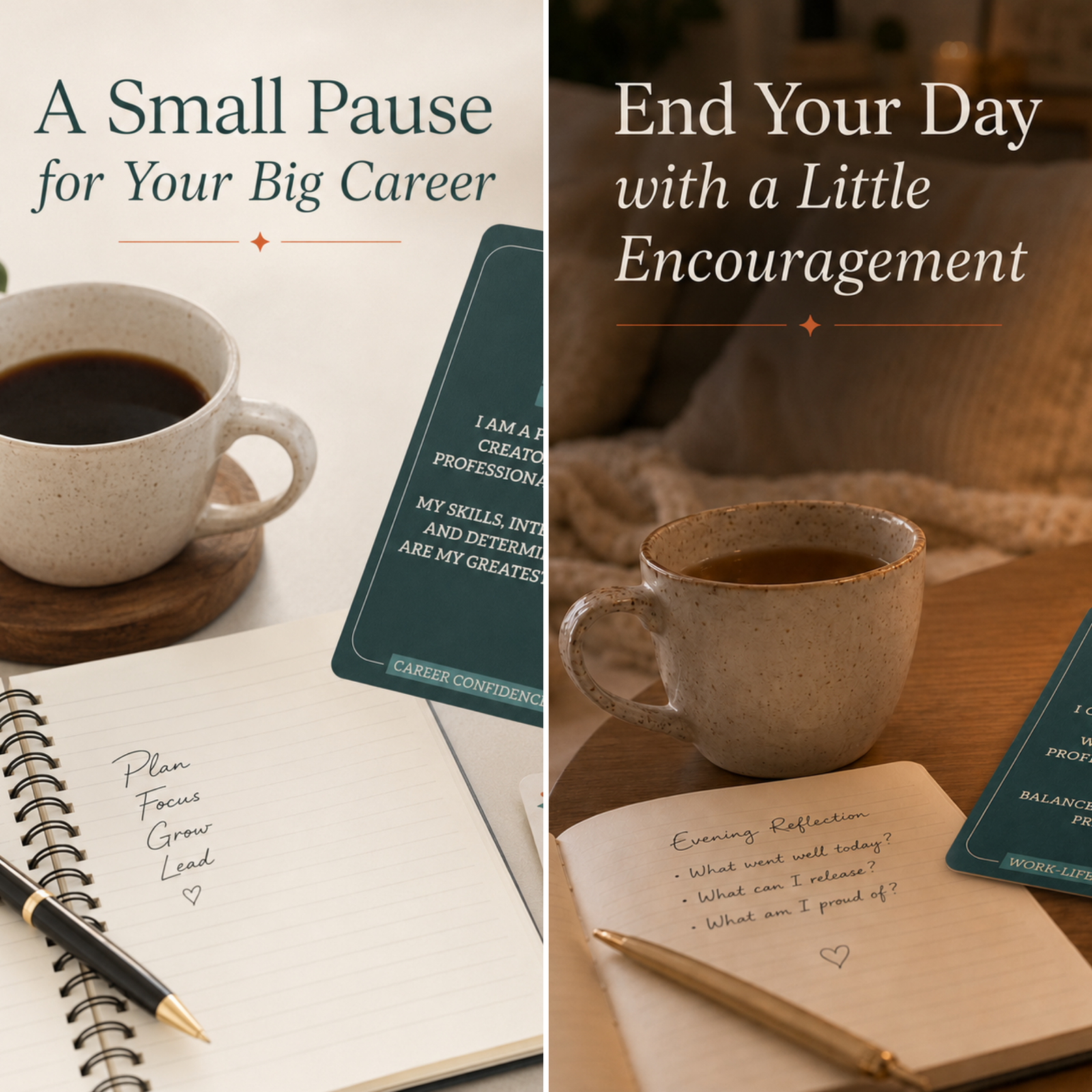Evolve affirmation cards displayed beside coffee, a notebook, and warm home décor for quiet daily encouragement.
