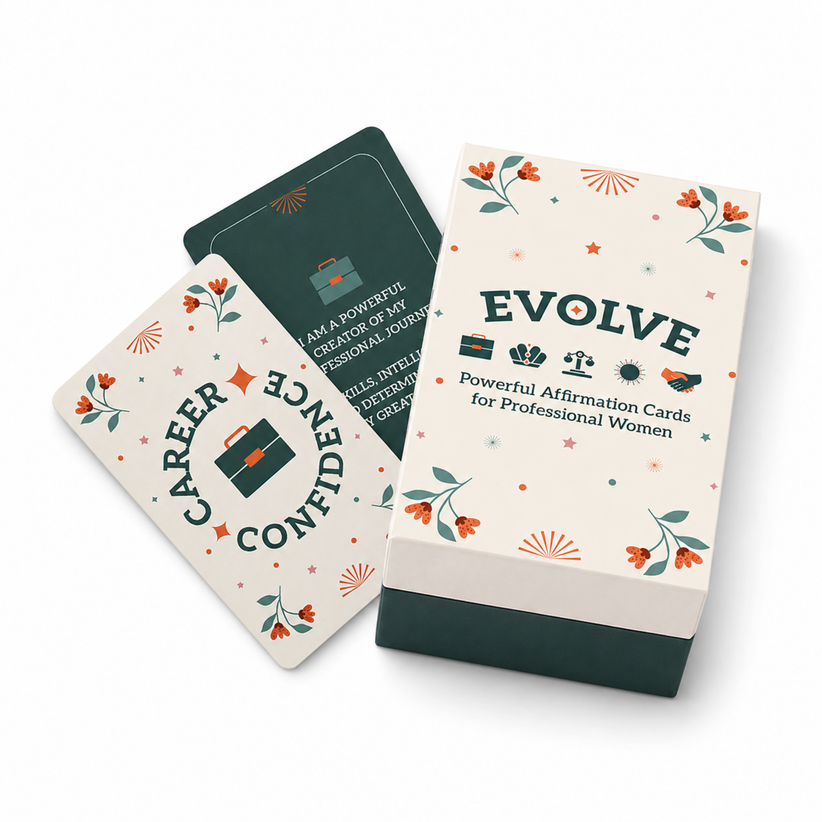 Evolve Affirmations 50-card deck for professional women, shown with floral card backs and a dark green box.