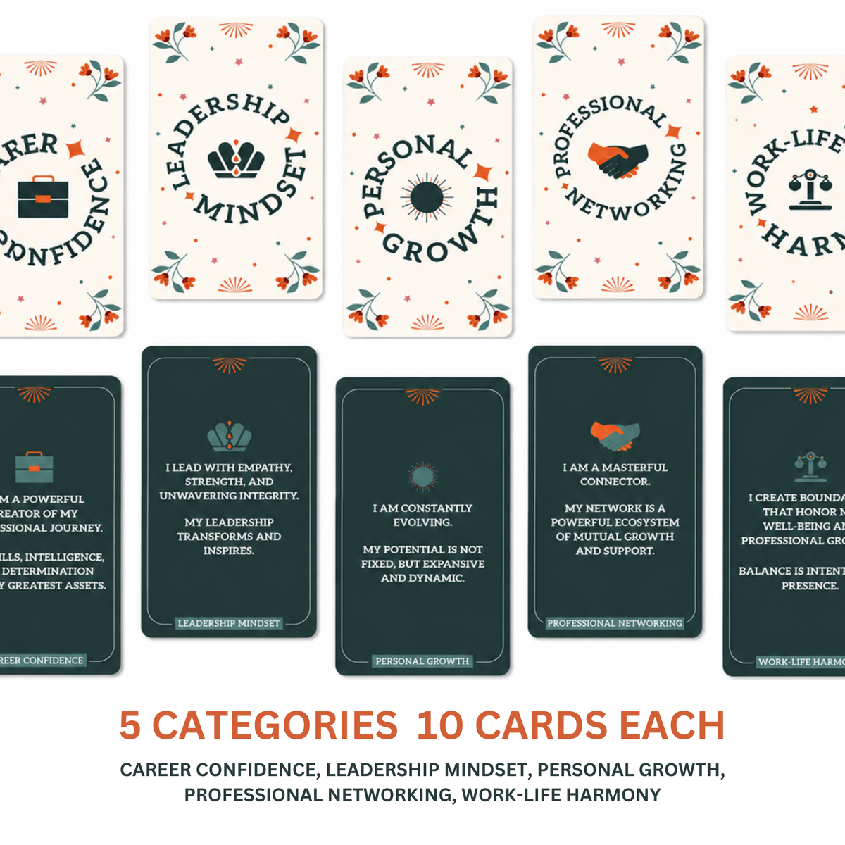 Five Evolve affirmation card categories for career confidence, leadership, personal growth, networking, and work-life harmony.