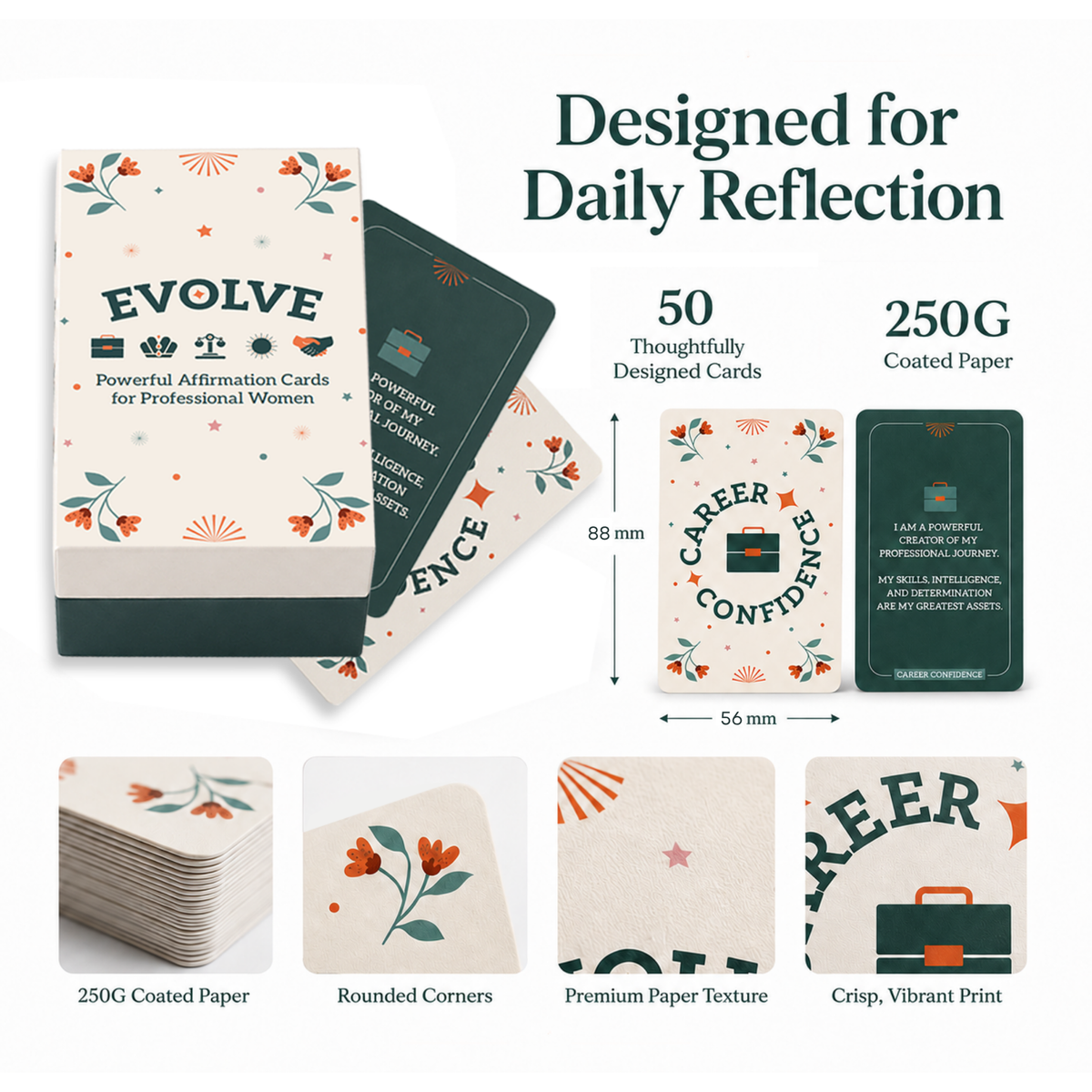 Evolve affirmation card deck with dark green box, floral cards, 50 cards, and premium 250G coated paper details.
