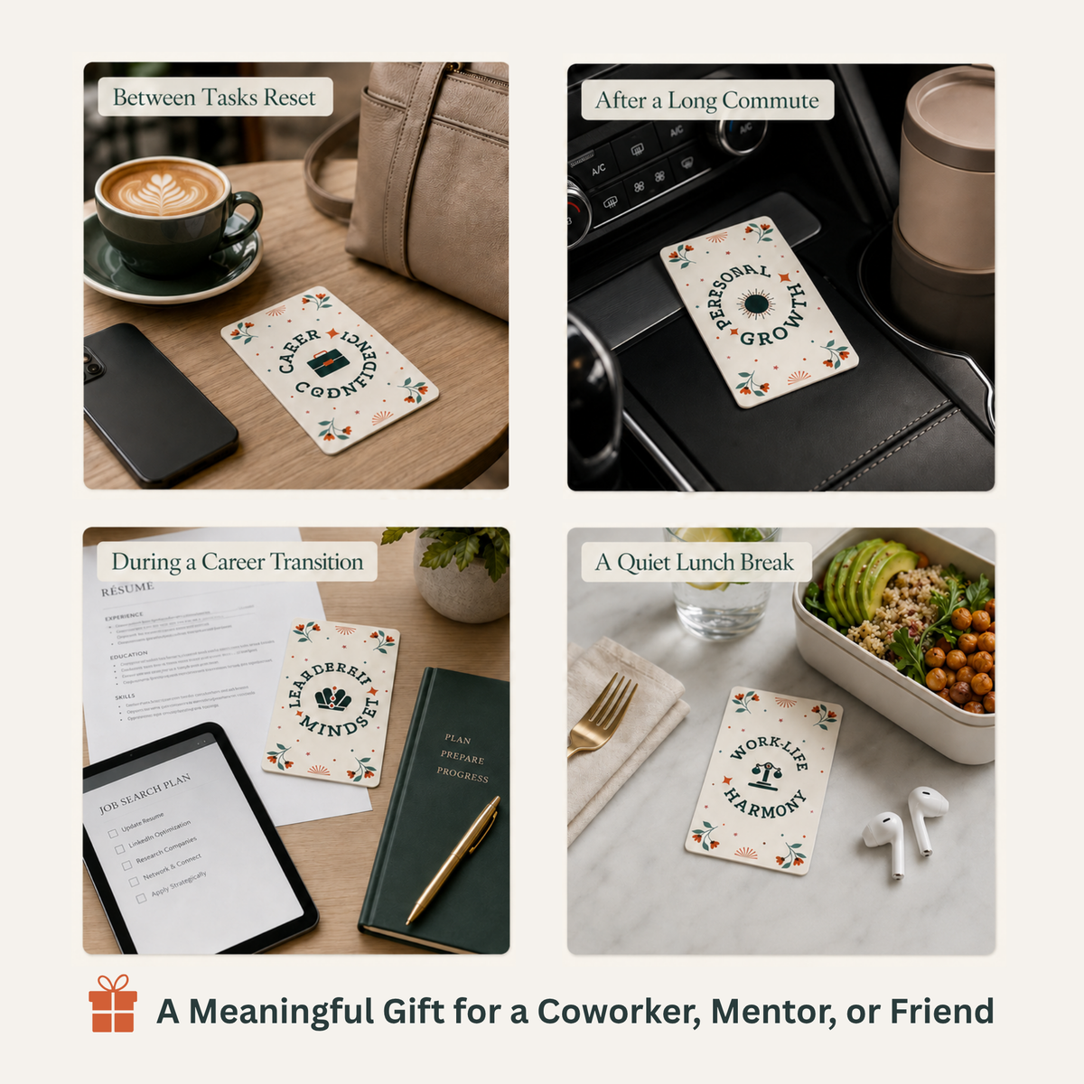 Evolve affirmation cards used during coffee breaks, commutes, career transitions, lunch breaks, and as a thoughtful gift.